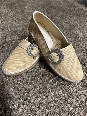 Jimmy Choo Beige Woven Slip-On espadrilles with Rhinestone Buckle NEW